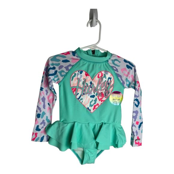 Hurley 1 Piece UPF 50+ Rash Guard Quick Dry Swimsuit baby girl size 2T NWT - Picture 1 of 6